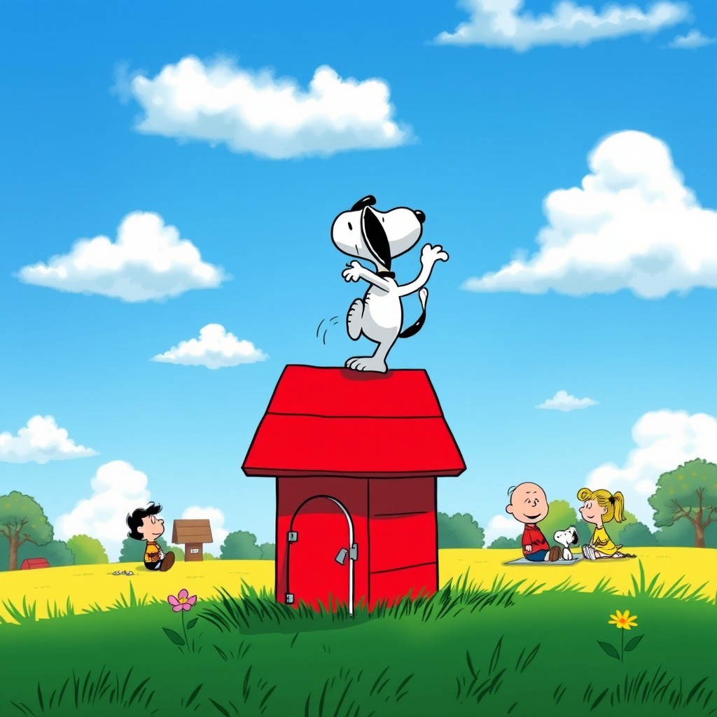 A whimsical scene featuring Snoopy, the beloved beagle from the Peanuts comic strip, energetically dancing on top of his iconic doghouse, with a bright blue sky and fluffy white clouds in the background