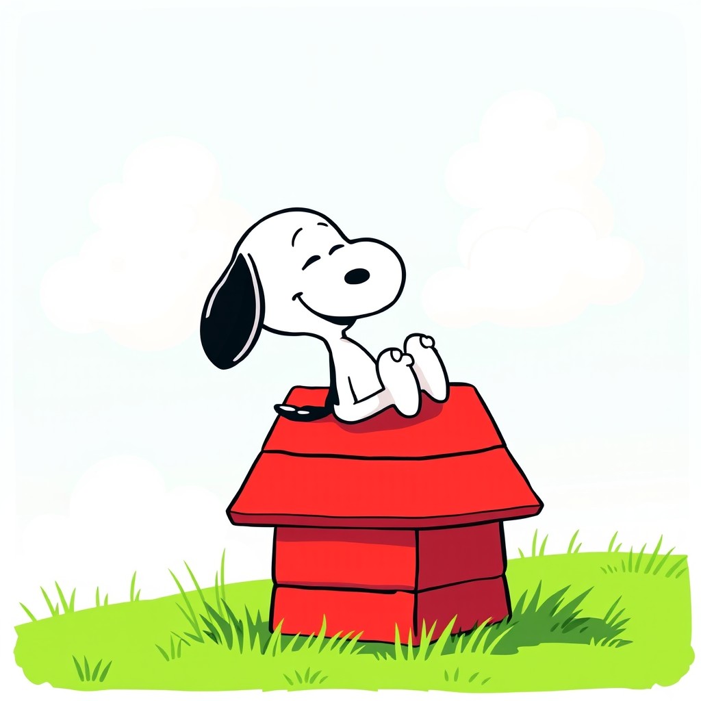 A whimsical illustration of Snoopy, the beloved beagle from the Peanuts comic strip, sitting on top of his iconic red doghouse looking playful and cheerful