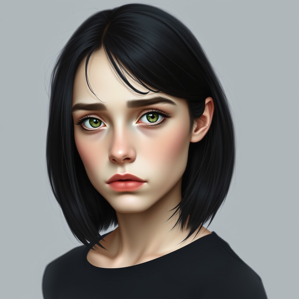 A realistic portrait of an 18-year-old white woman with pale skin, featuring 2A black hair that reaches her shoulders
