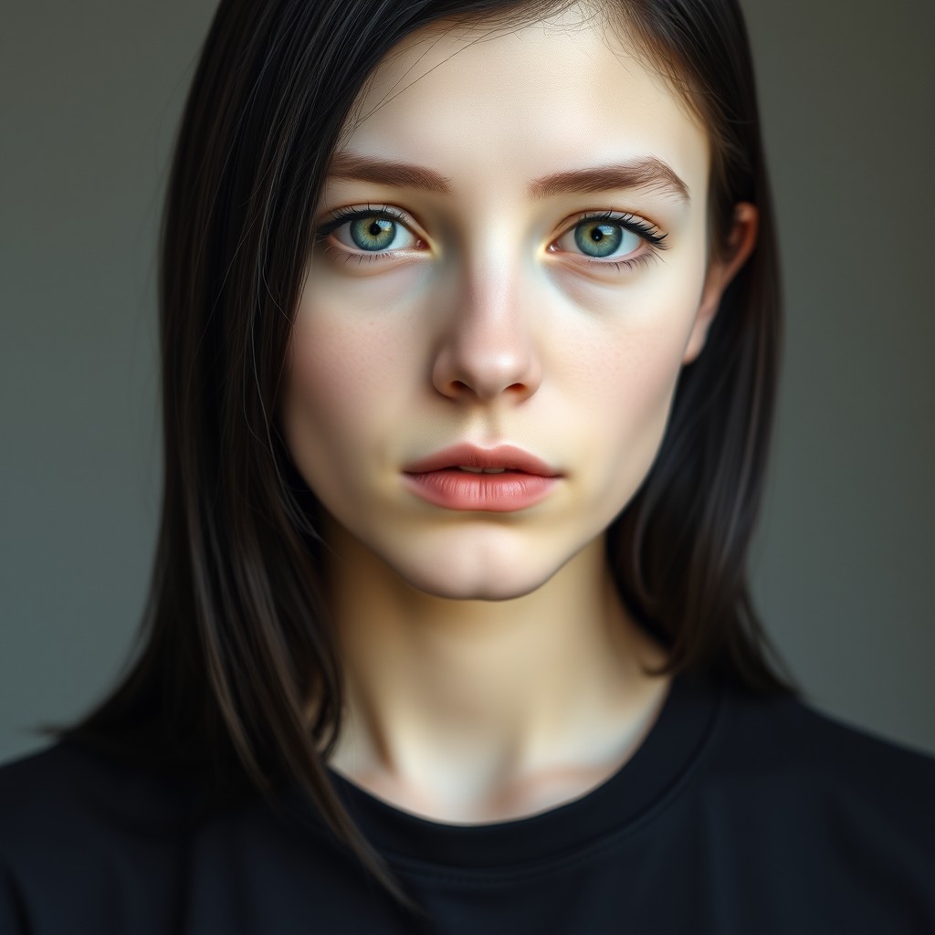 A realistic portrait of an 18-year-old white woman with pale skin, featuring 2A black hair that reaches her shoulders