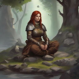 splinters and rocks float around a female dwarven kineticist that meditates amid nature while wearing her heavy armor