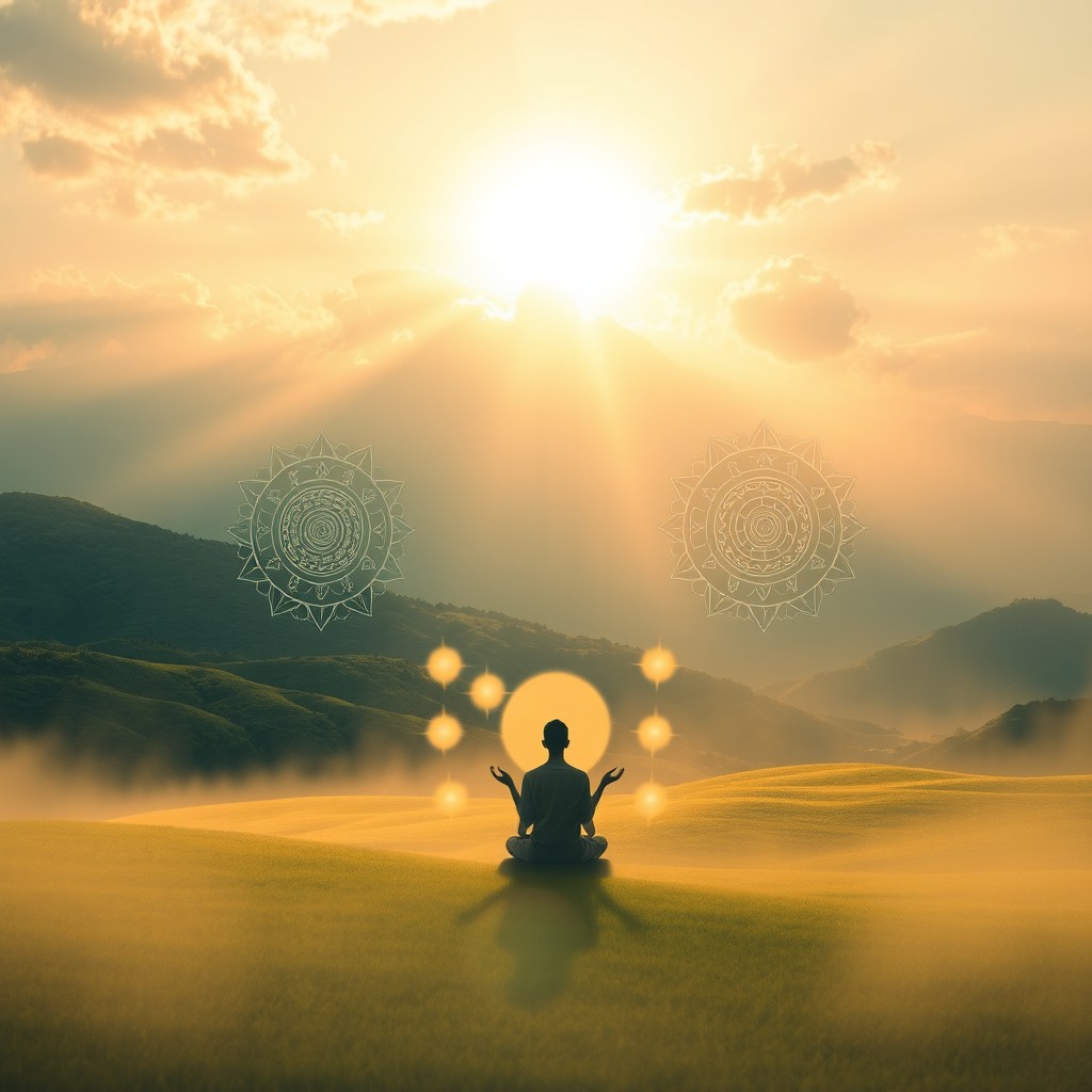 A serene and ethereal scene depicting spirituality; a tranquil landscape with lush green hills under a bright, expansive sky, infused with soft pastel colors