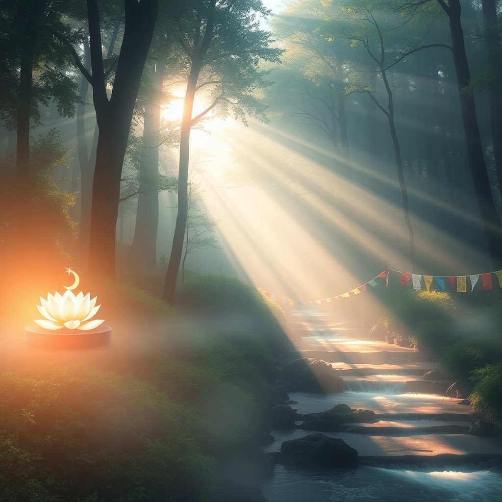 A serene and mystical landscape representing spirituality, featuring a peaceful forest with soft, ethereal light filtering through the trees, a tranquil stream flowing nearby, and subtle rays of sunlight illuminating symbols of various spiritual traditions, such as a lotus flower, a mandala, and prayer flags fluttering gently