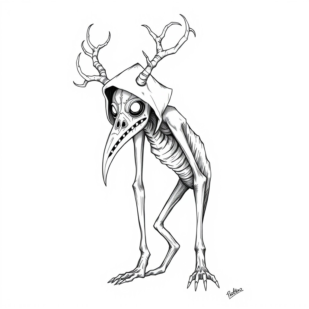 A detailed line art sketch of a Windigo creature wearing a traditional plague doctor mask, capturing its eerie and mythical essence