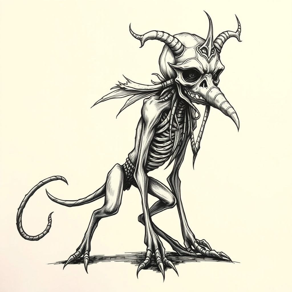 A detailed sketch of a Windigo creature, intricately designed wearing a traditional plague doctor mask