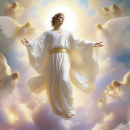 An ethereal man descending from the heavens, adorned with soft glowing white robes and a golden halo, surrounded by luminescent angels and pastel-colored clouds.