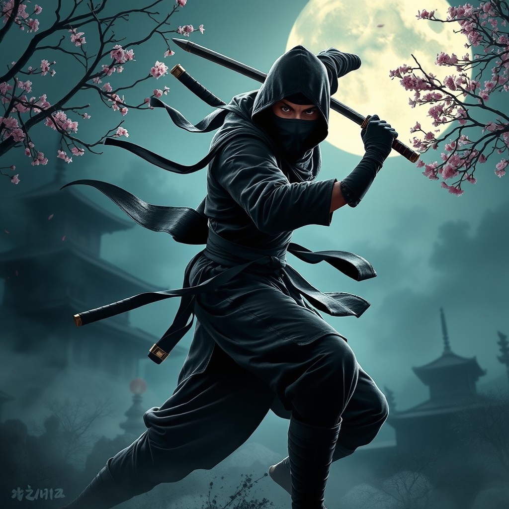 A skilled ninja soldier in a dynamic action pose, clad in traditional black ninja attire with intricate details