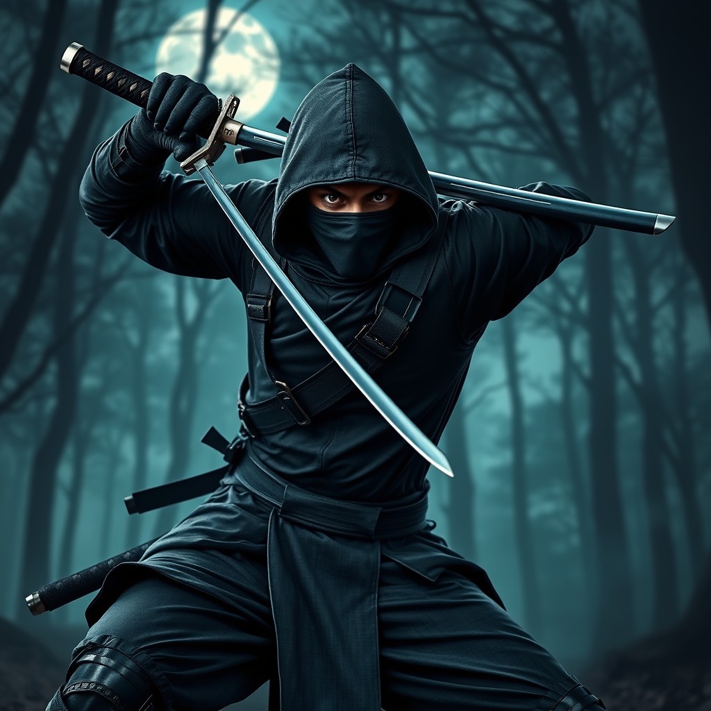 A fierce ninja soldier in an action pose, clad in sleek black armor that blends traditional samurai elements with a modern tactical look