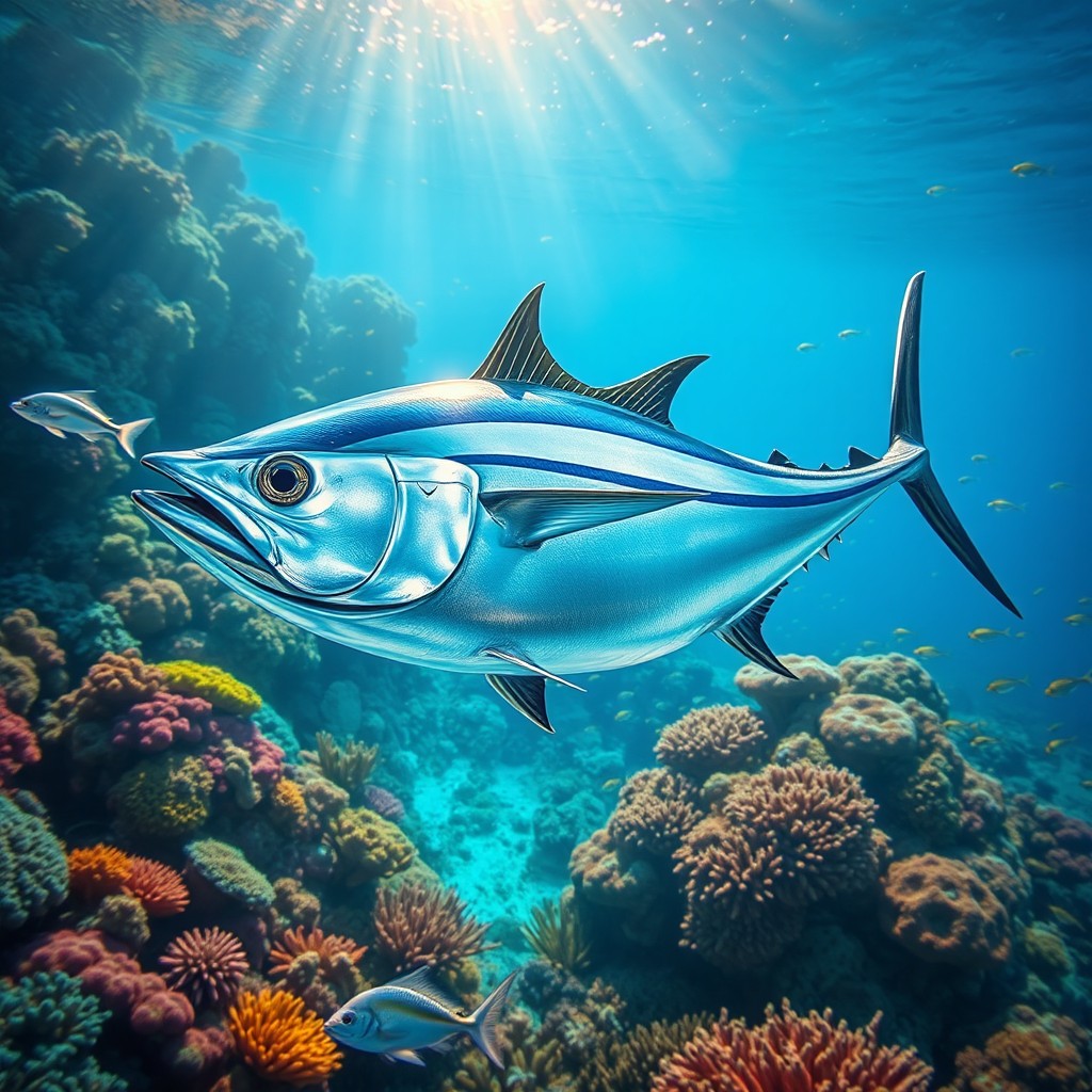 A beautifully detailed tuna fish in a vibrant underwater scene