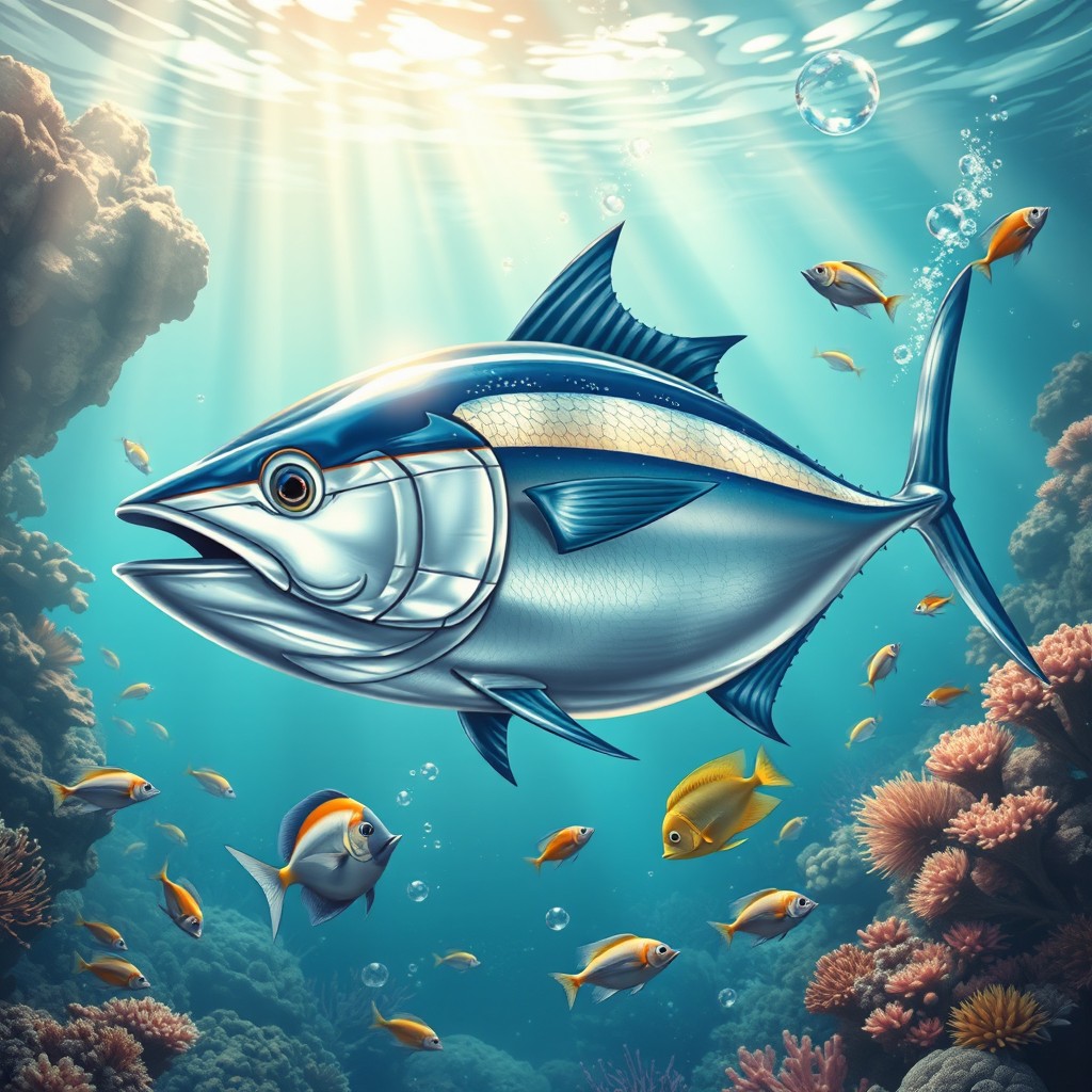 A strikingly rendered tuna fish, beautifully illustrated in a lively underwater setting