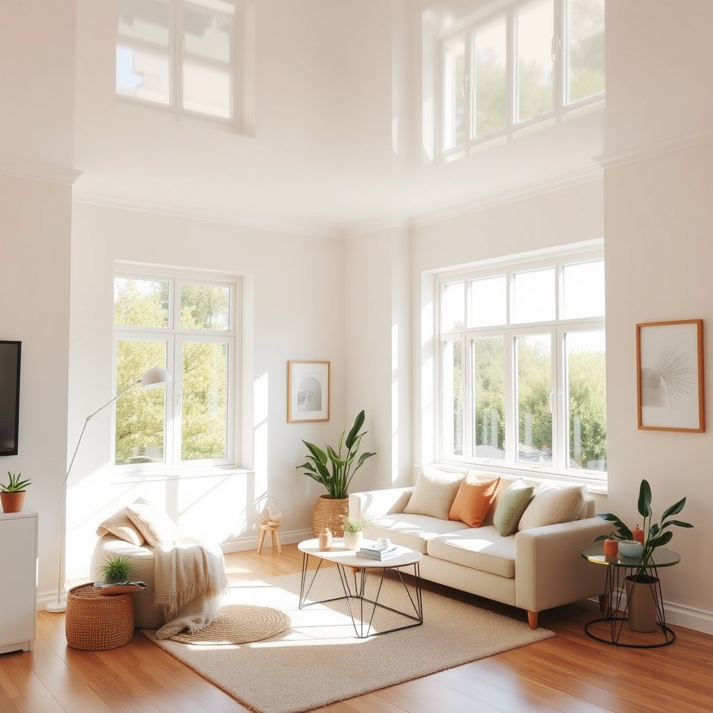 A well-decorated room interior designed to appear brighter and more spacious, featuring light-colored walls and a ceiling that reflects soft natural light