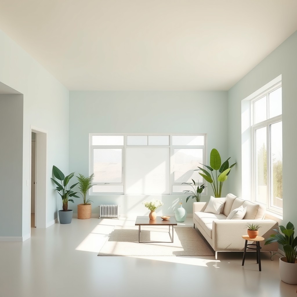 A bright and spacious interior room with walls and ceiling painted in light pastel colors