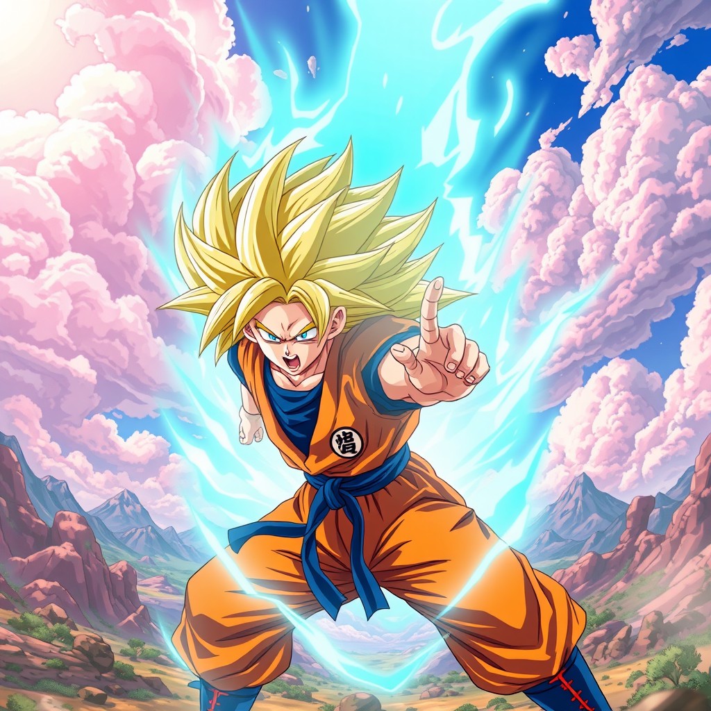 A dynamic and action-packed scene featuring Goku, the iconic character from Dragon Ball Z