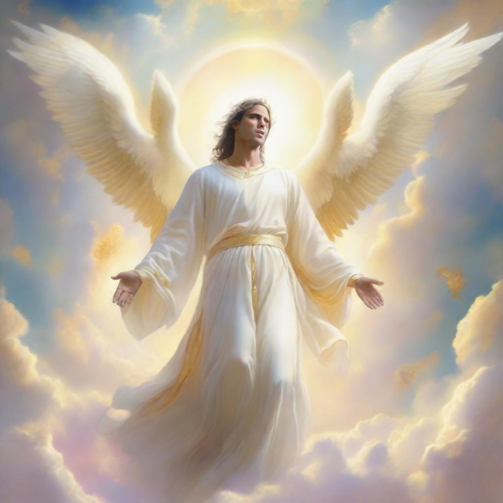 An ethereal man descending from the heavens, adorned with soft glowing white robes and a golden halo, surrounded by luminescent angels and pastel-colored clouds.