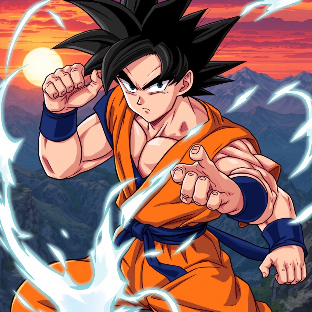 A highly detailed illustration of a powerful, muscular anime character inspired by Goku from Dragon Ball, showcasing his iconic spiky black hair and orange martial arts gi