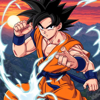 A highly detailed illustration of a powerful, muscular anime character inspired by Goku from Dragon Ball, showcasing his iconic spiky black hair and orange martial arts gi