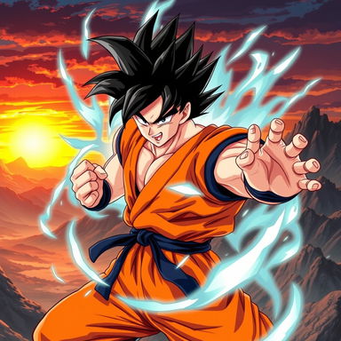 A highly detailed illustration of a powerful, muscular anime character inspired by Goku from Dragon Ball, showcasing his iconic spiky black hair and orange martial arts gi