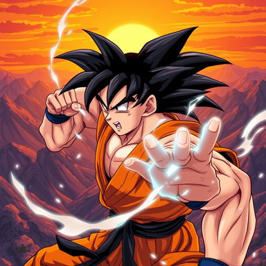 A highly detailed illustration of a powerful, muscular anime character inspired by Goku from Dragon Ball, showcasing his iconic spiky black hair and orange martial arts gi