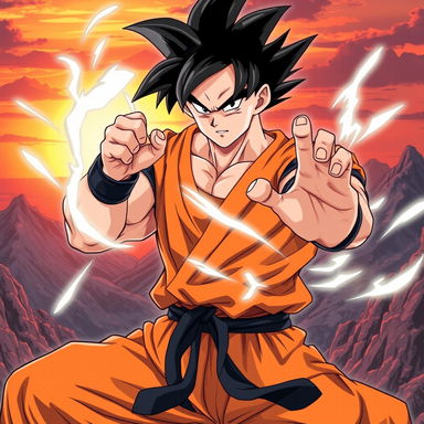 A highly detailed illustration of a powerful, muscular anime character inspired by Goku from Dragon Ball, showcasing his iconic spiky black hair and orange martial arts gi