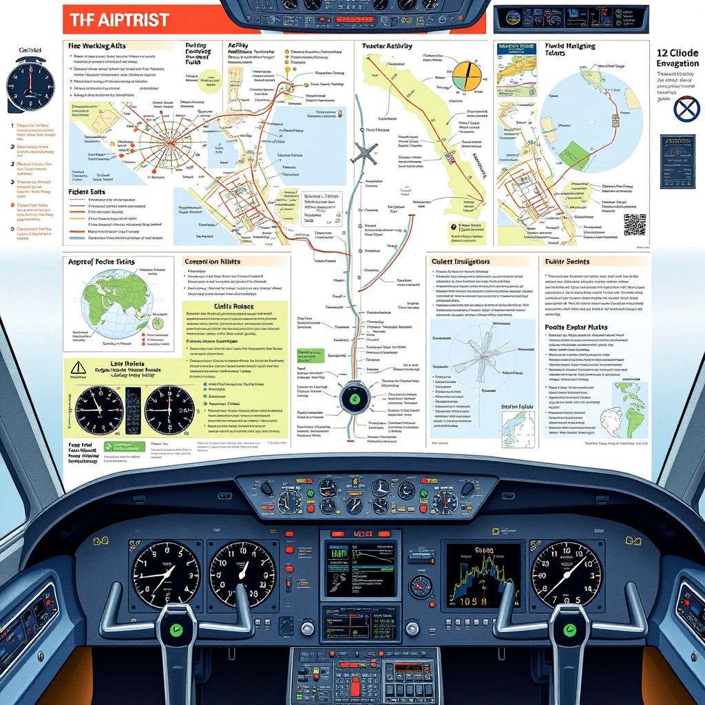 A visual navigation guide for aircraft, featuring detailed illustrations of cockpit instruments, maps, and navigation tools