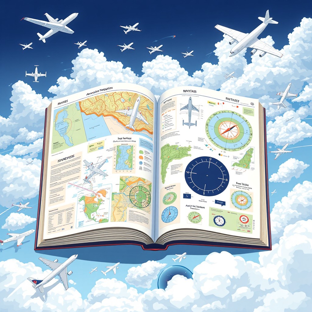 A visually captivating illustration depicting an open aeronautical navigation book, showcasing detailed diagrams of aircraft navigation, flight paths, and aviation instruments