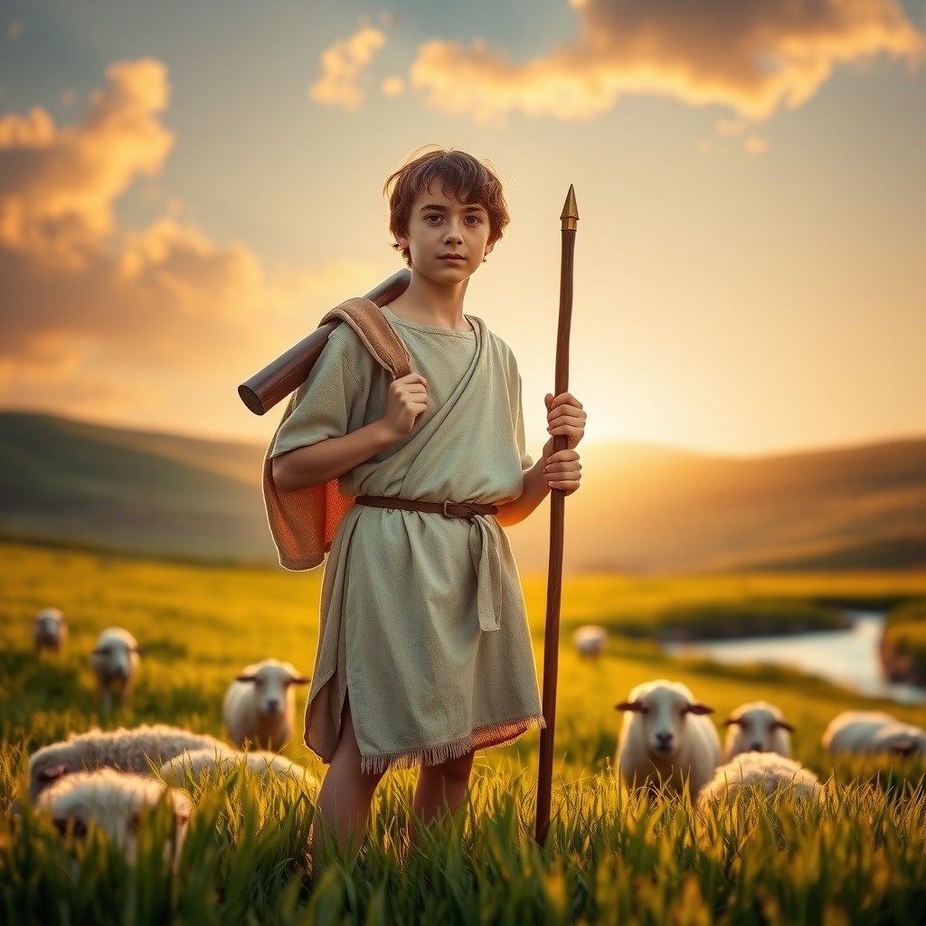 A young biblical shepherd boy representing King David, wearing simple ancient Hebrew clothing, with a sling over his shoulder and a wooden staff in hand