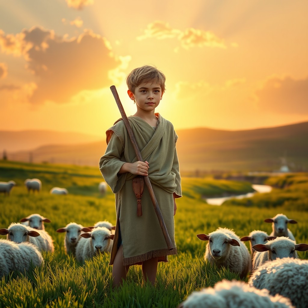 A young biblical shepherd boy representing King David, wearing simple ancient Hebrew clothing, with a sling over his shoulder and a wooden staff in hand