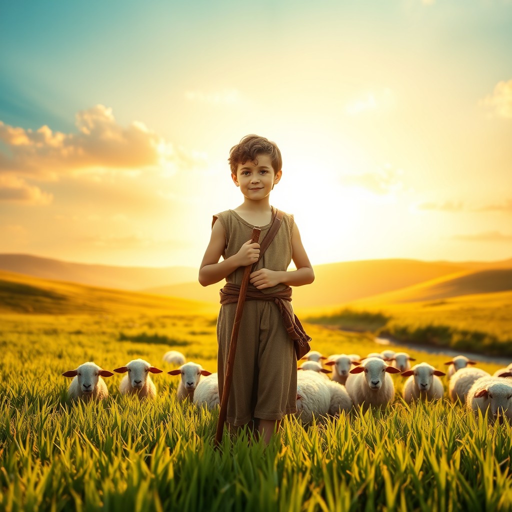A young biblical shepherd boy representing King David, wearing simple ancient Hebrew clothing, with a sling over his shoulder and a wooden staff in hand, stands peacefully in a lush green pasture during golden hour