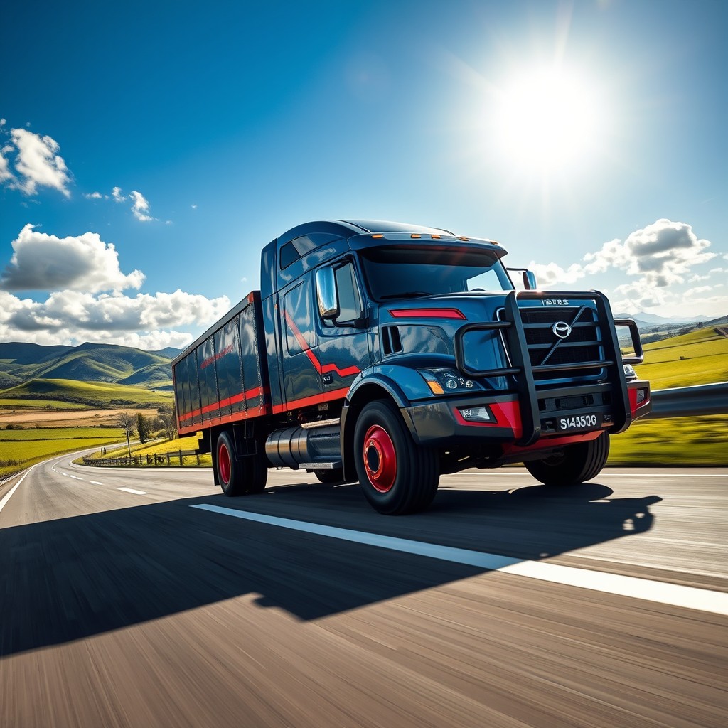 A powerful and rugged intercity truck driving on a highway surrounded by picturesque scenery