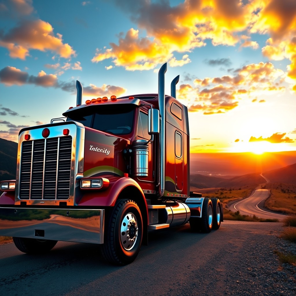 A majestic intercity truck parked on a scenic overlook, showcasing its sleek and muscular design