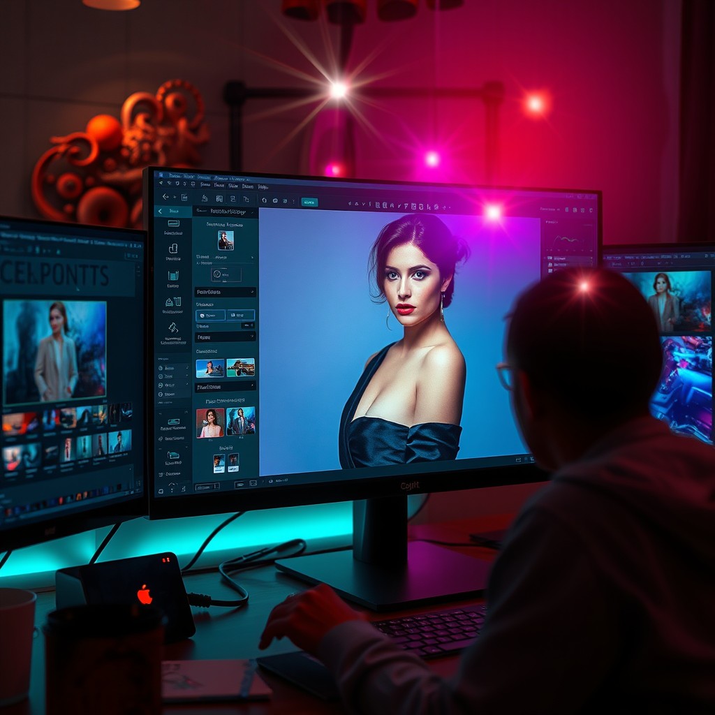 A captivating and stylish digital photo editing scene showcasing various editing tools and software on a modern computer screen