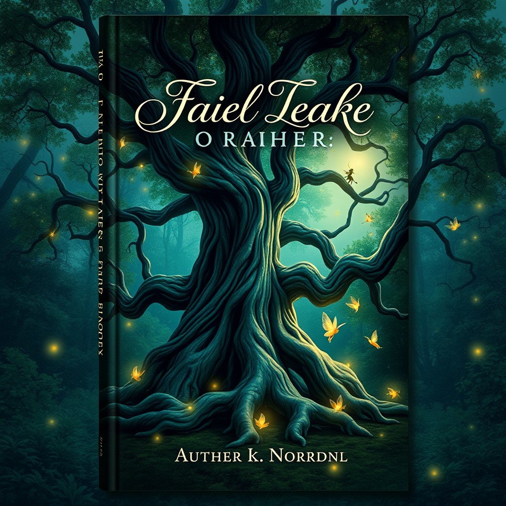 A book cover design featuring an enchanting and mystical forest at twilight, illuminated by soft, glowing light