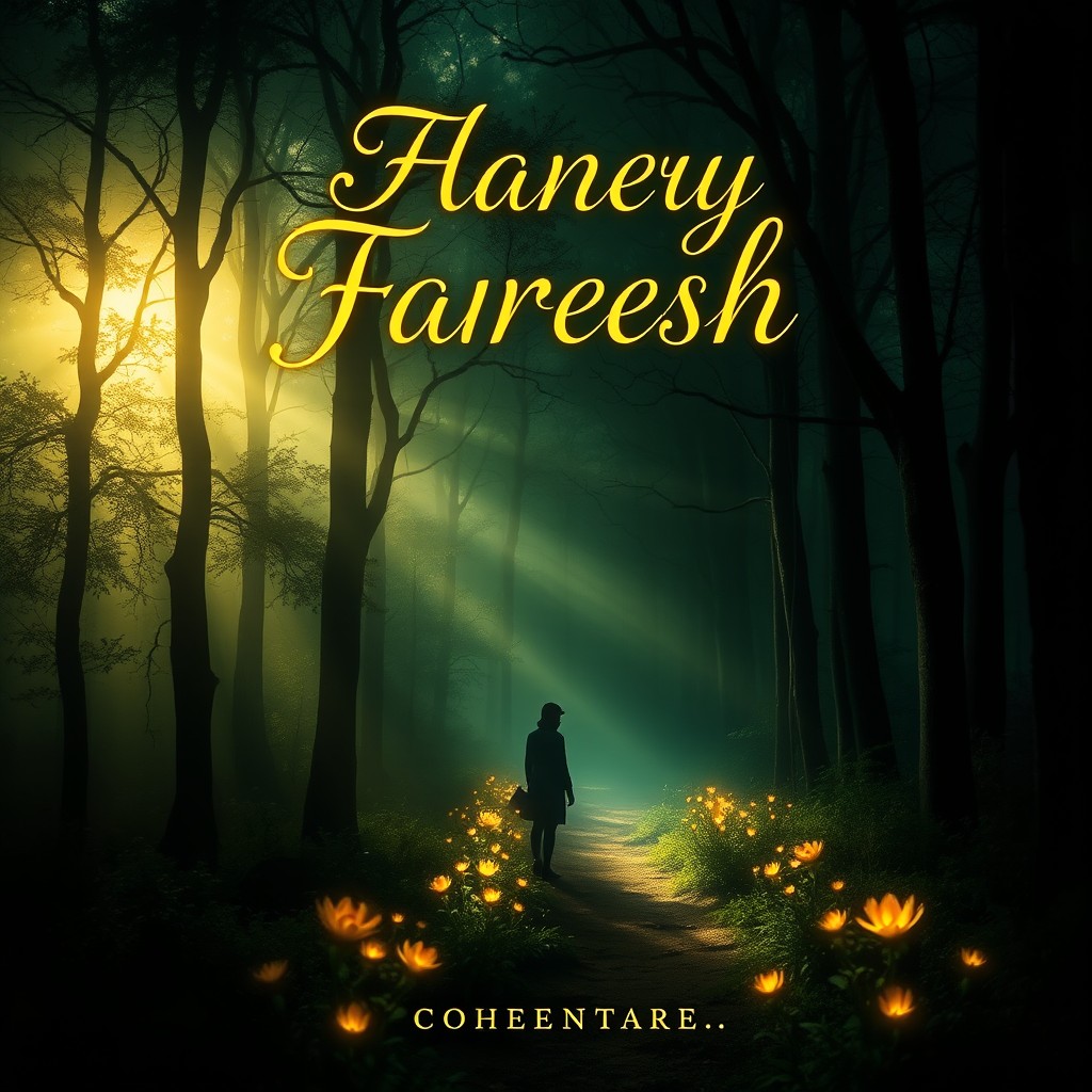 A captivating book cover design featuring a mysterious forest with ethereal light filtering through the trees