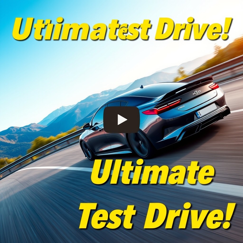 A vibrant and eye-catching YouTube thumbnail for a car test drive, showcasing a sleek modern car speeding down a scenic highway with mountains in the background