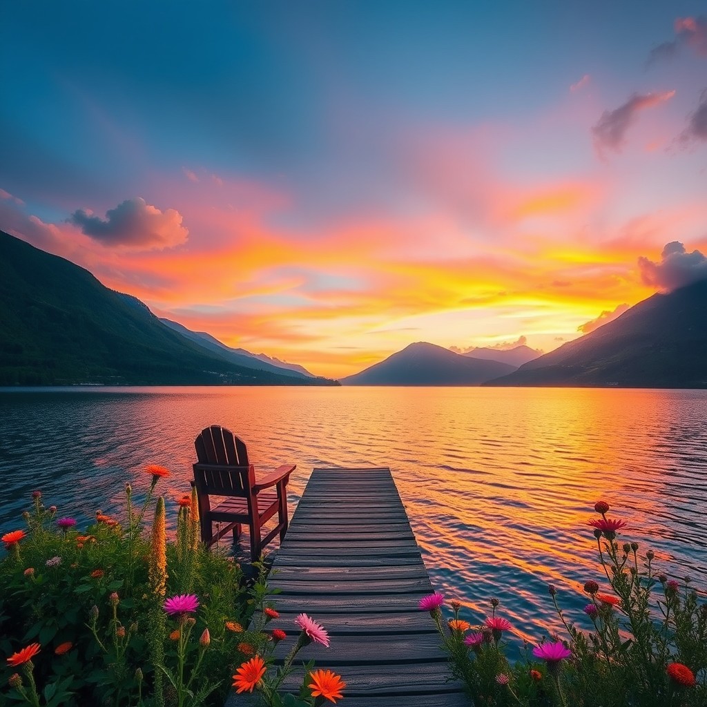 An enchanting landscape featuring a serene lake surrounded by lush green mountains and a vibrant sunset casting warm hues of orange and pink across the sky