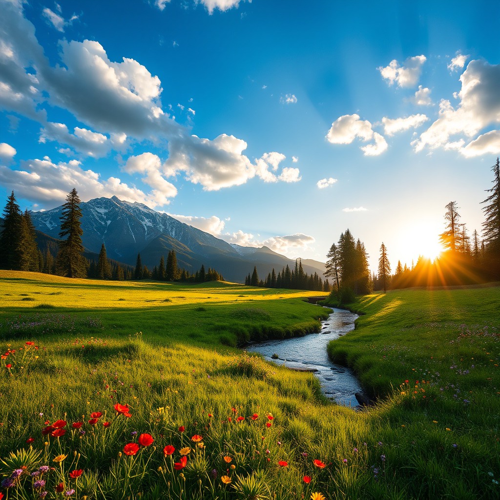 A picturesque landscape featuring a lush green meadow, dotted with vibrant wildflowers in shades of red, yellow, and purple