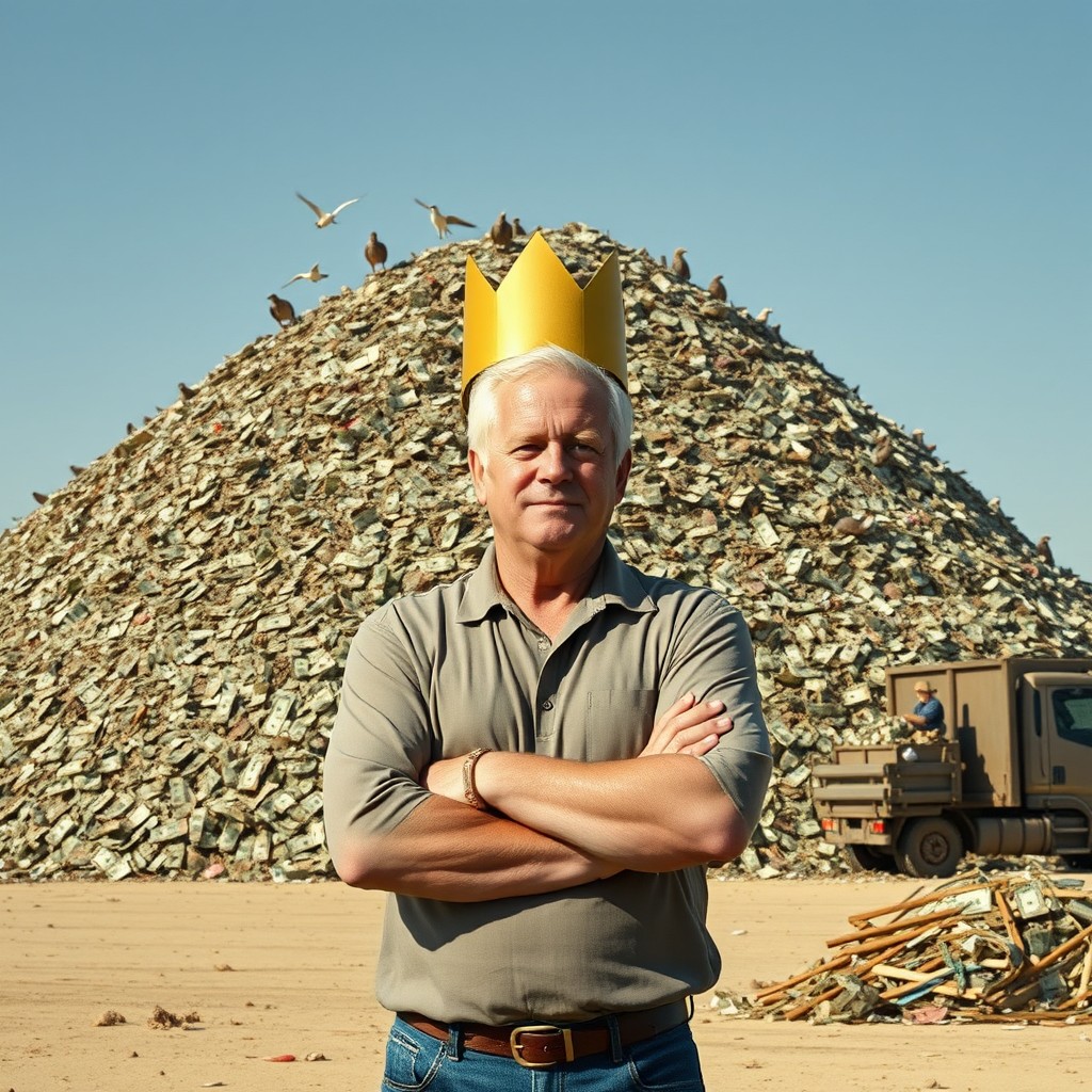 A middle-aged man with short white hair, wearing a sideways golden cardboard crown