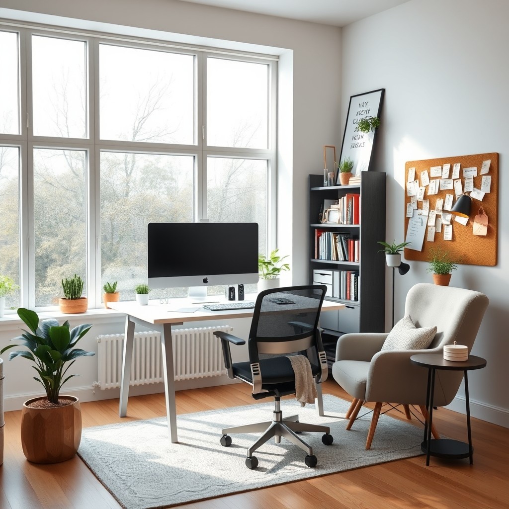A modern and stylish study and office space featuring large windows with natural light streaming in, a comfortable ergonomic desk and chair, a well-organized bookshelf filled with books and decorative plants, a sleek computer setup with two monitors, and a cozy reading nook with a plush armchair and a small side table