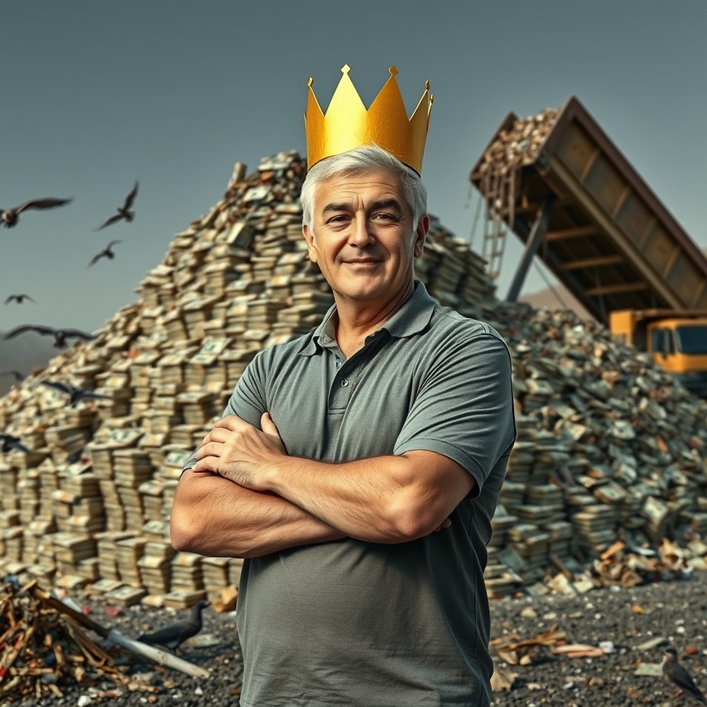 A middle-aged man with short white hair, wearing a sideways golden cardboard crown, standing with his arms crossed