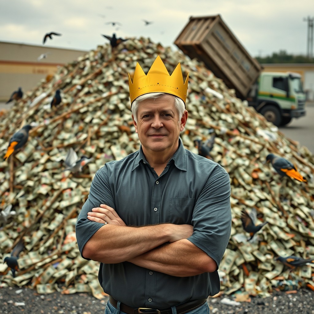 A middle-aged man with short white hair wearing a sideways golden cardboard crown stands confidently with his arms crossed in a vacant lot