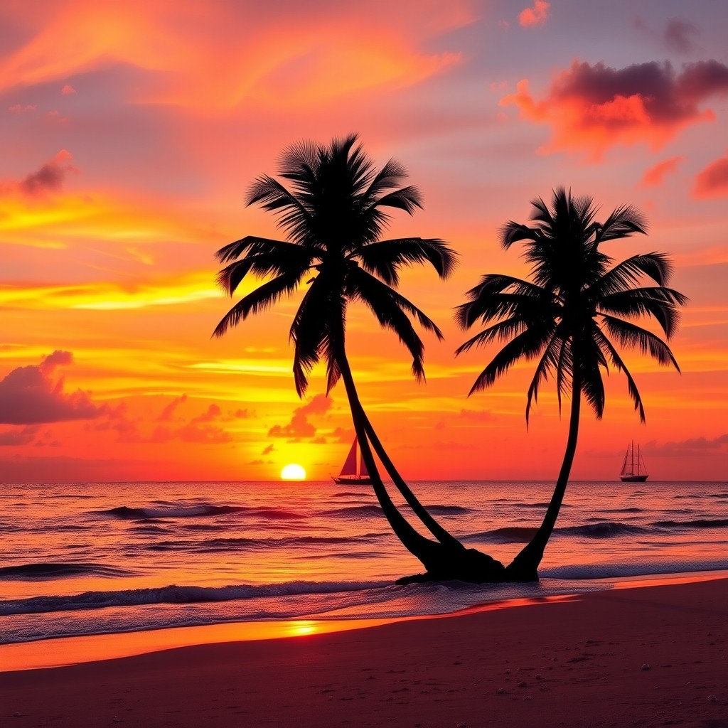 A breathtaking sunset over a tranquil beach, with vibrant hues of orange, pink, and purple blending into the sky