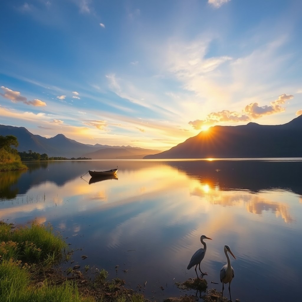 A serene landscape during sunrise featuring a calm lake reflecting the colorful sky, surrounded by lush greenery and tall mountains in the distance