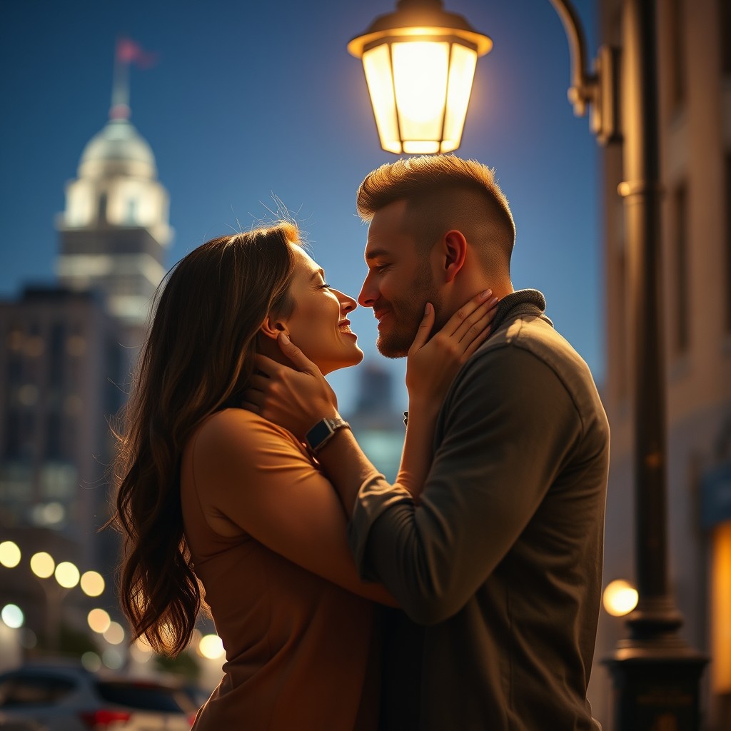 A passionate couple sharing an intimate moment, making out under a softly glowing street lamp in a romantic urban setting