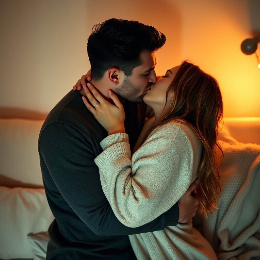 A passionate couple making out in a cozy, warmly-lit room, soft lighting illuminating their facial features as they embrace closely