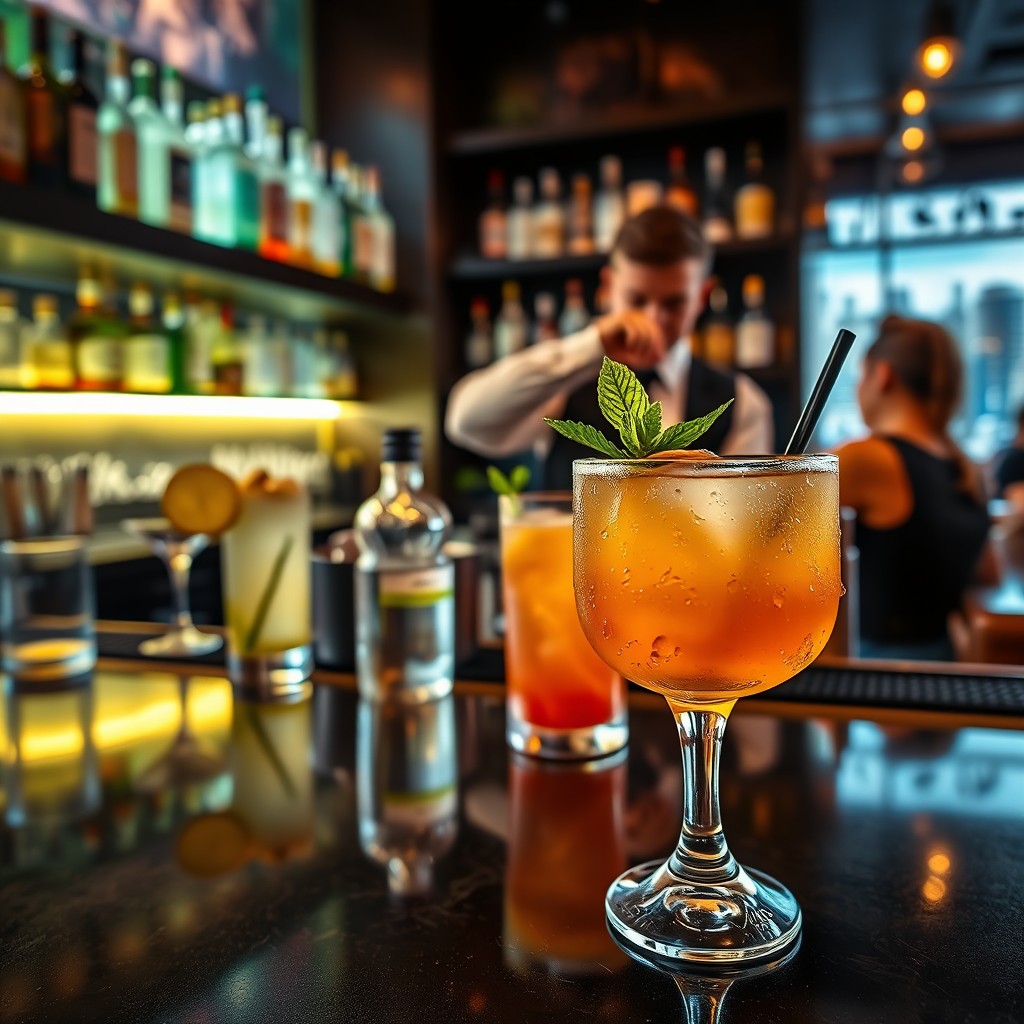 A beautifully arranged and visually stunning bar scene featuring a variety of cocktails and beverages