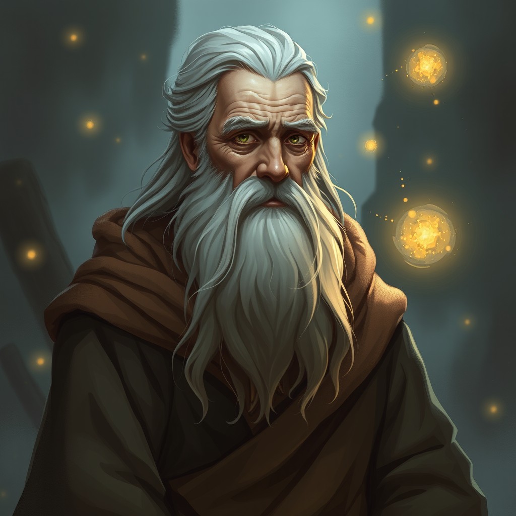 An unassuming yet powerful wizard concept art featuring a wise and kind archmage