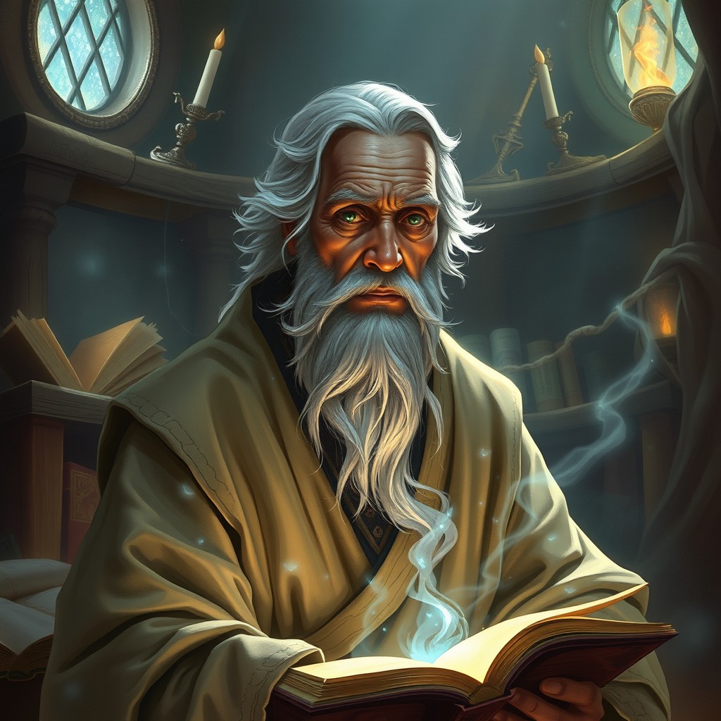 A concept art of an unassuming yet powerful wizard, depicted as a wise and kind archmage