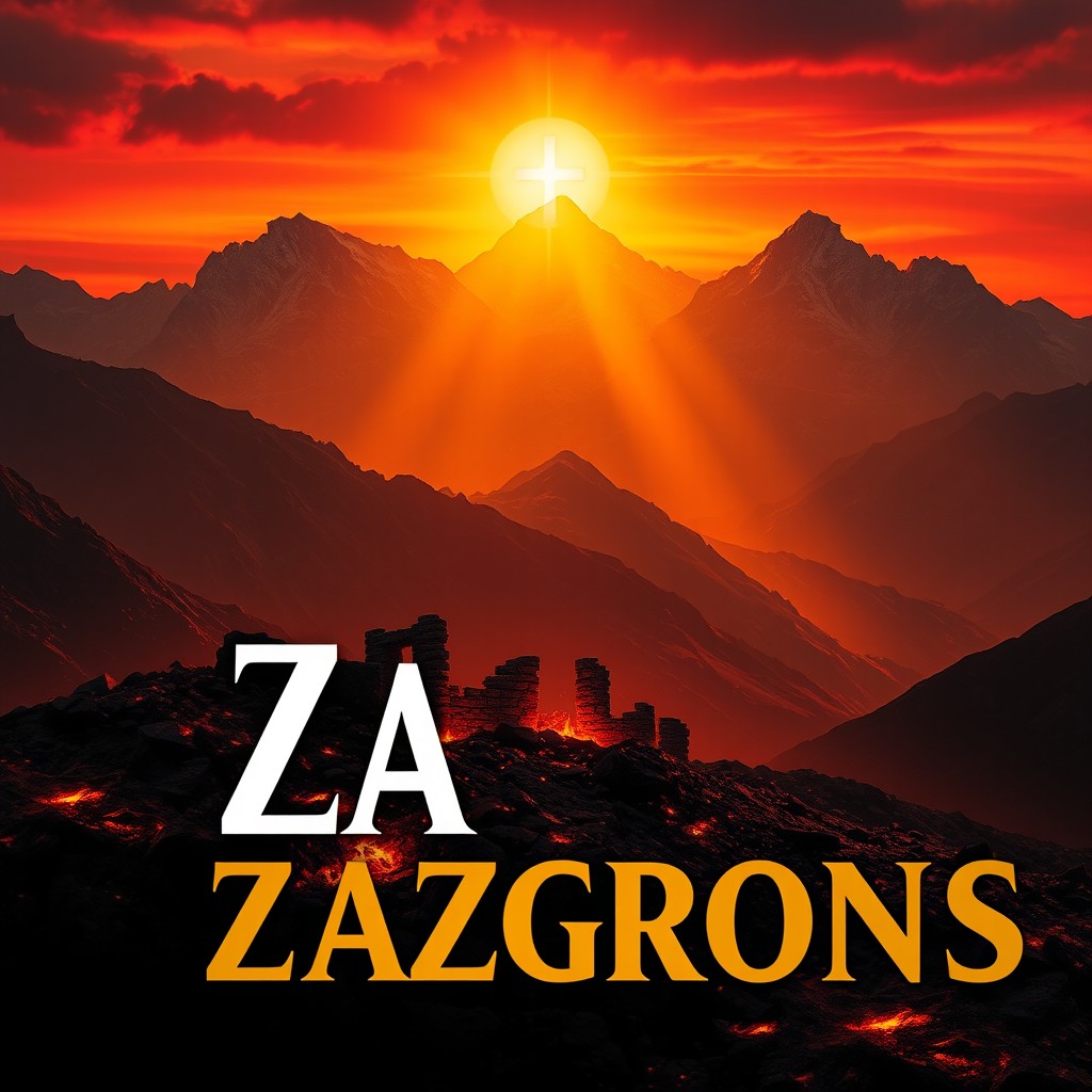 A dramatic mountainous Zagros landscape at dawn with glowing embers and firelight illuminating ancient stone ruins