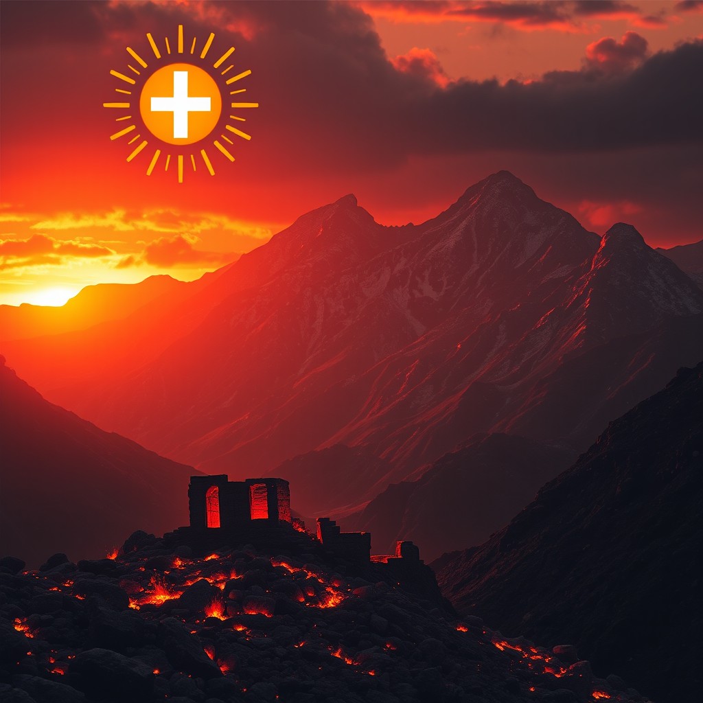 A dramatic mountainous landscape of the Zagros Mountains at dawn, featuring glowing embers and vibrant firelight illuminating ancient stone ruins