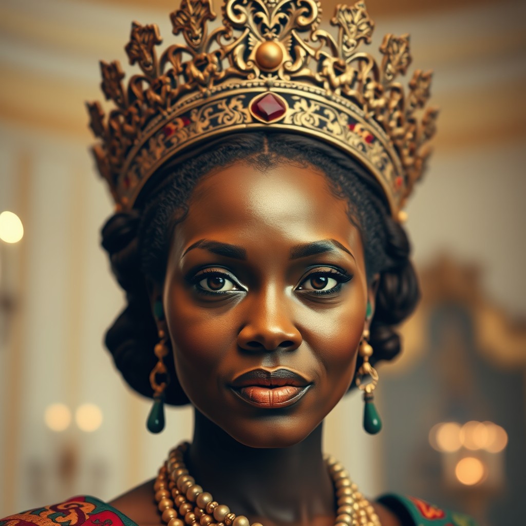 A majestic African queen with a regal crown, featuring intricate designs